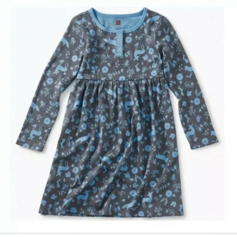 TEA COLLECTION - Girls Sparkle Henley Dress Forest Animals Blue/Gray Size 3 NWT